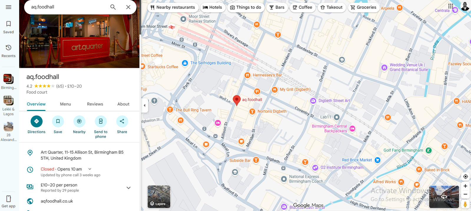 AQ Foodhall Google Maps visibility proof showing rating, location and local discovery presence in Birmingham