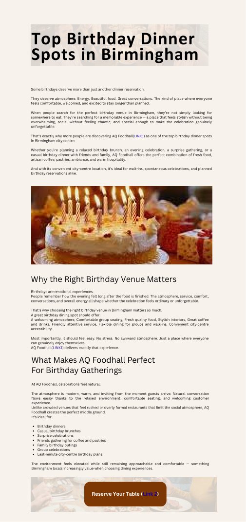 AQ Foodhall birthday dinner article proof